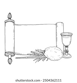 Line Jewish Sukkot greeting banner template with symbols, Torah scroll and wine glass black and white vector illustration. Four species etrog, hadass, lulav, aravah ink sketch for coloring