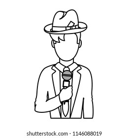 line journalist with elegant clothes and microphone object