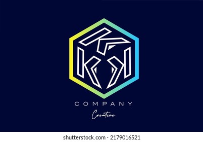 línea K tres letras del alfabeto del cubo diseño del icono del logotipo con diseño de polígono. Plantilla creativa para empresas y empresas con colores azul y amarillo