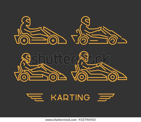 Line karting and go kart\
symbol. Silhouette figures kart racer. Linear sport symbol, label\
and badge.
