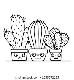 line kawaii cactus plants inside flowerpot and facial expression