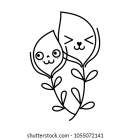 line kawaii facial expression leaves branches
