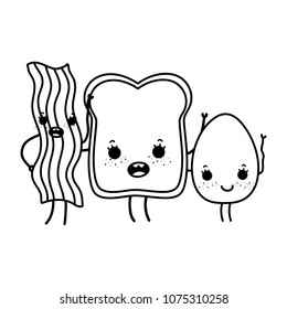line kawaii happy bacon with slice bread and egg