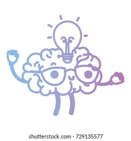 line kawaii happy brain with bulb idea
