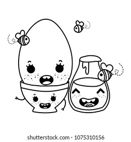 line kawaii happy egg with bowl and honney jar