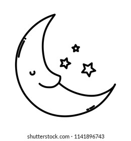 line kawaii happy moon with stars in the sky