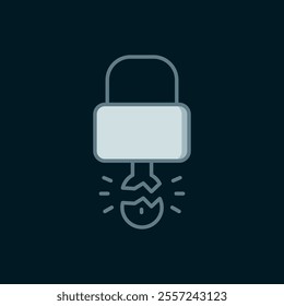 Line Key broke inside of padlock icon isolated on black background. Padlock sign. Security, safety, protection, privacy concept. Flat filled outline style with shadow. Vector