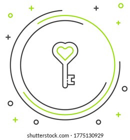 Line Key in heart shape icon isolated on white background. 8 March. International Happy Women Day. Colorful outline concept. Vector