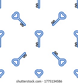 Line Key in heart shape icon isolated seamless pattern on white background. Valentines day. Colorful outline concept. Vector