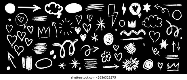 Line kid pencil black color brush hand drawn chalk vector element set. Texture brush chalk stroke kid heart, star, arrow element hand drawn sketch scribble. Crayon pencil style. Vector illustration