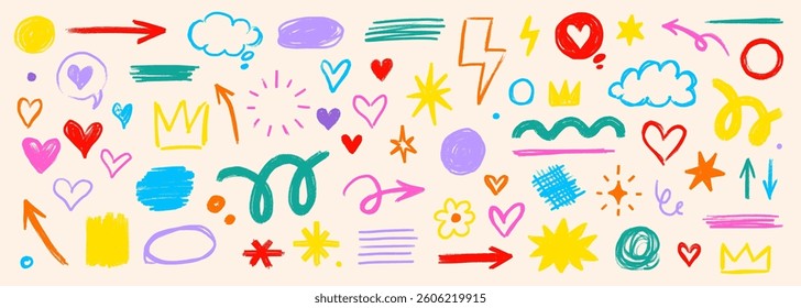 Line kid pencil color brush hand drawn chalk vector element set. Texture brush chalk stroke kid heart, star, arrow element hand drawn sketch scribble. Crayon pencil style. Vector illustration