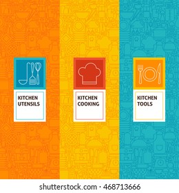 Line Kitchen Cooking Patterns Set. Vector Illustration of Logo Design. Template for Packaging with Labels.