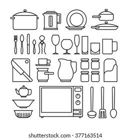 Line kitchen icons. Kitchen utensils for cookingblack thin line images on white background. Vector illustration