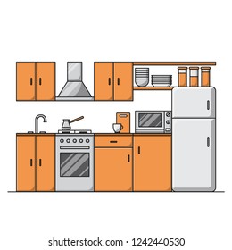 Line Kitchen interior with furniture. Room with stove, cupboard, microwave, dishes and fridge. Cooking equipment, tool, utensil and electronics vector illustration