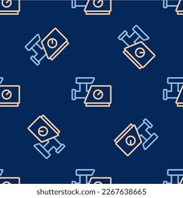 Line Kitchen meat grinder icon isolated seamless pattern on blue background.  Vector