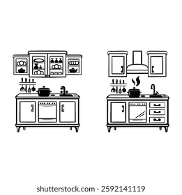 Line kitchen module for cooking, black monochrome vector