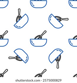 Line Kitchen whisk and bowl icon isolated seamless pattern on white background. Cooking utensil, egg beater. Cutlery sign. Food mix symbol. Colorful outline concept. Vector