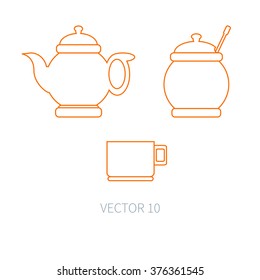 Line kitchenware icons. Cutlery tools. Vector illustration equipment. Food preparation. Design elements. Teapot, sugar bowl, cup.