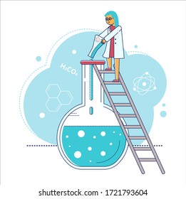 Line Laborforschung, Vektorgrafik. Cartoon flach winzige Wissenschaftler Figur-Probeversuch in Laborausrüstung, große Glasröhre. Chemie, Pharmazie-Konzept einzeln auf Weiß