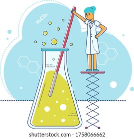 Line laboratory research vector illustration. Cartoon flat tiny scientist character making experiment test with laboratory equipment, big glass test tube. Chemistry, pharmacy concept isolated on white