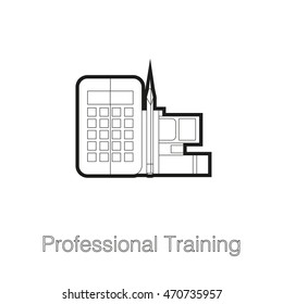 Line laconic business web element, online education sign, button, logo of Professional Training with calculator, books and pencil objects