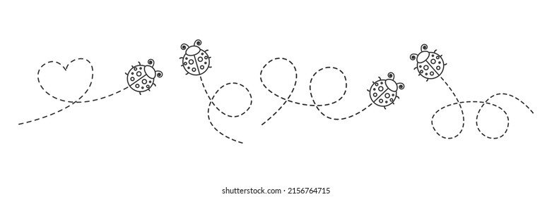 Line ladybug icon set. Ladybugs flying on dotted route. Vector isolated on white background.