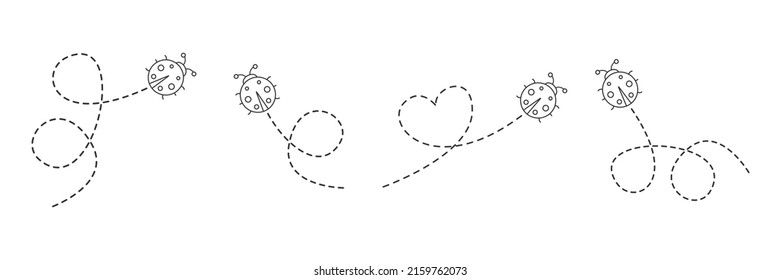 Line ladybug icon set. Ladybugs flying on dotted route. Vector isolated on white background.	