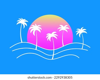 Line landscape outline with palm trees and rising sun on a blue background. Summer tropical landscape in a minimalist style. Design for printing t-shirt and banner. Vector illustration