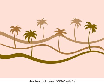 Line landscape outline with palm trees. Landscape painted with stripes in retro style. Contour of the landscape with palm trees. Design for print decor, postcard, book cover. Vector illustration