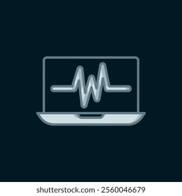 Line Laptop with cardiogram icon isolated on black background. Monitoring icon. ECG monitor with heart beat hand drawn. Flat filled outline style with shadow. Vector