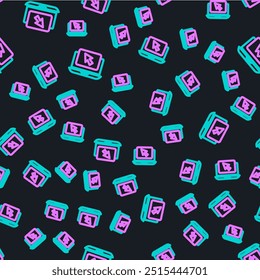 Line Laptop and cursor icon isolated seamless pattern on black background. Computer notebook with empty screen sign.  Vector Illustration
