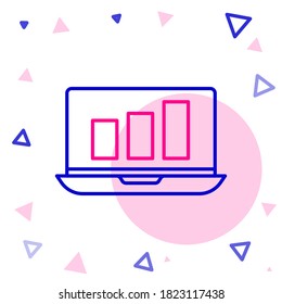 Línea portátil con el icono de gráfico de gráficos aislado en fondo blanco. Icono de archivo de texto de informe. Signo de contabilidad. Auditoría, análisis, planificación. Concepto de esquema colorido. Ilustración vectorial