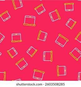 Line Laptop icon isolated seamless pattern on red background. Computer notebook with empty screen sign.  Vector