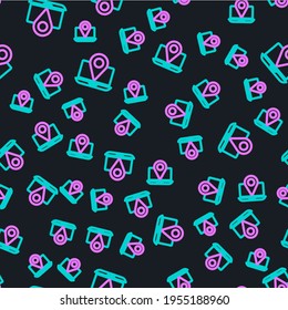 Line Laptop with location marker icon isolated seamless pattern on black background.  Vector Illustration