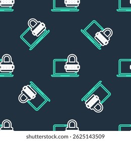 Ordinateur portable en ligne avec notification de mot de passe et icône de verrouillage isolée motif harmonieux sur fond noir. Sécurité, accès personnel, autorisation utilisateur, formulaire d'identifiant.  Image vectorielle