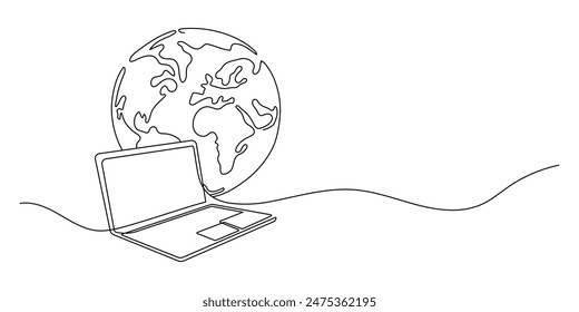 Line laptop and planet Earth as a line drawing as a concept of communication with the world on a white background. Vector business