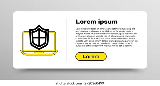 Line Laptop protected with shield icon isolated on white background. PC security, firewall technology, privacy safety. Colorful outline concept. Vector