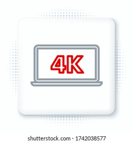 Line Laptop screen with 4k video technology icon isolated on white background. Colorful outline concept. Vector