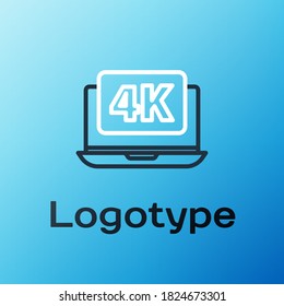 Line Laptop screen with 4k video technology icon isolated on blue background. Colorful outline concept. Vector Illustration