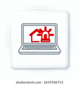 Line Laptop with smart house and alarm icon isolated on white background. Security system of smart home. Colorful outline concept. Vector