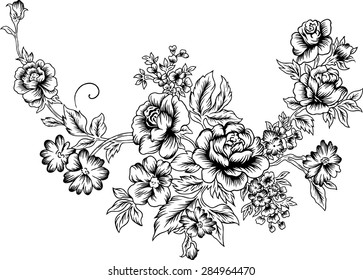 Line Of A Large Bouquet, Vector Background, Fabric, Tattoo.