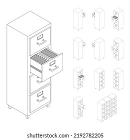 Line large isometric set of drawers with documents. Isometric iron drawer from an old cabinet with secret documents. Saving data on paper. Vector illustration in cartoon style. Office furniture.