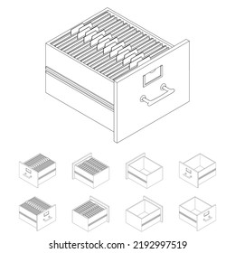 Line large isometric set of drawers with documents. Isometric iron drawer from an old cabinet with secret documents. Saving data on paper. Vector illustration in cartoon style. Office furniture.