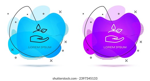 Line Leaf in hand of environmental protection icon isolated on white background. Seed and seedling. Planting sapling. Ecology concept. Abstract banner with liquid shapes. Vector