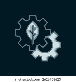 Line Leaf plant ecology in gear machine icon isolated on black background. Eco friendly technology. World Environment day label. Flat filled outline style with shadow. Vector