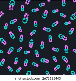 Line LED light bulb icon isolated seamless pattern on black background. Economical LED illuminated lightbulb. Save energy lamp.  Vector Illustration