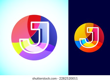 Line letter J on a colorful circle. Graphic alphabet symbol for business or company identity.