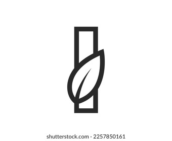 line letter i with leaf. creative alphabet logotype. nature and environment design element. isolated vector image