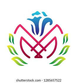 line letter m, with leaf and flower logo