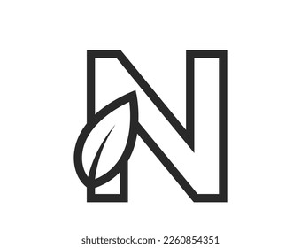 line letter n with leaf. creative eco logo. nature and environment design element. isolated vector image in simple style